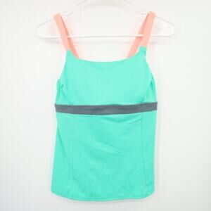 Lands End Green Neon Coral Colorblock Swim Tankini Top Size 2